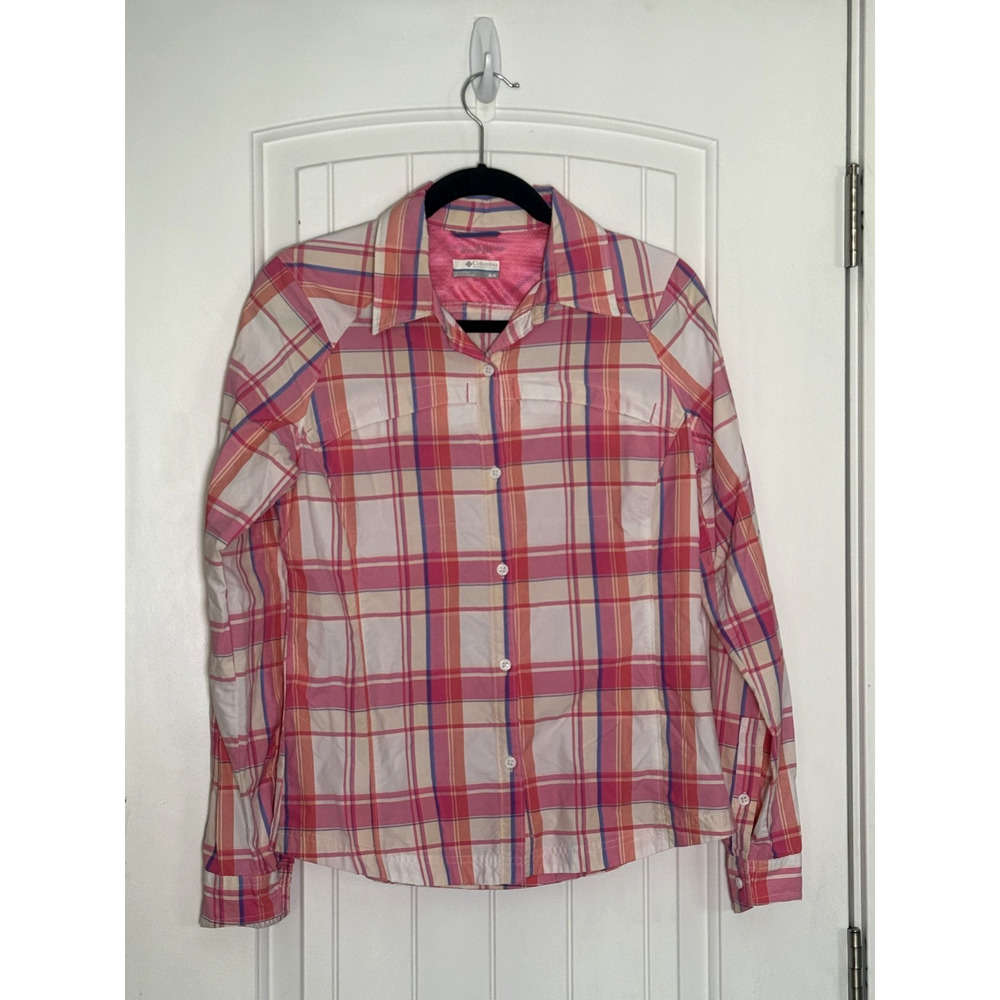 Columbia Pink Plaid Vented Omni-Shade Size Medium Long Sleeve Fishing Shirt
